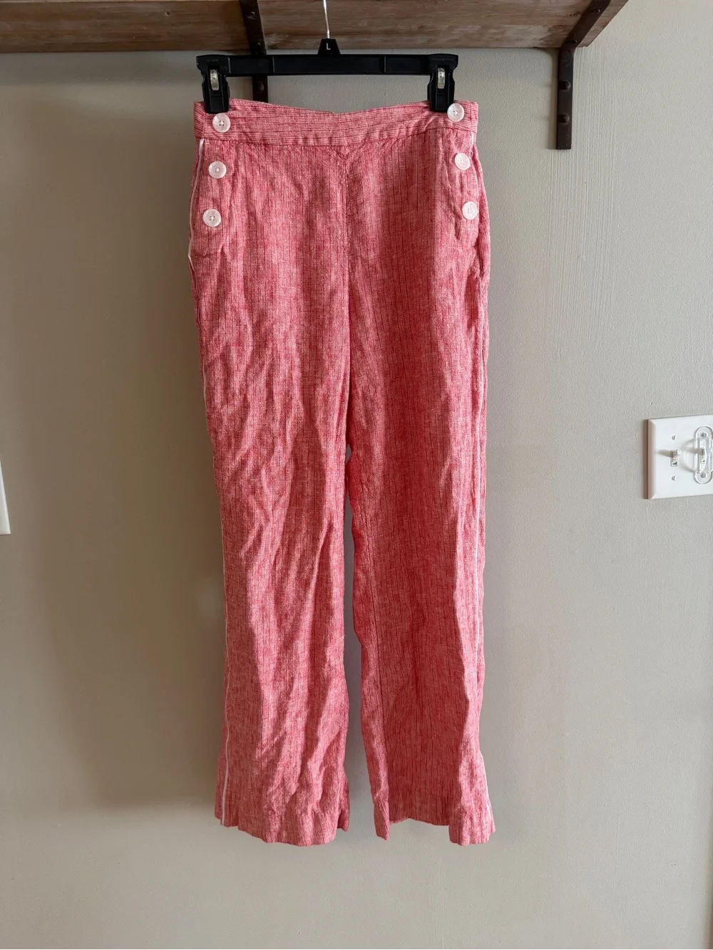 Banana Republic Women's Striped Red High-Waist Button Detail Linen Pants Size 0